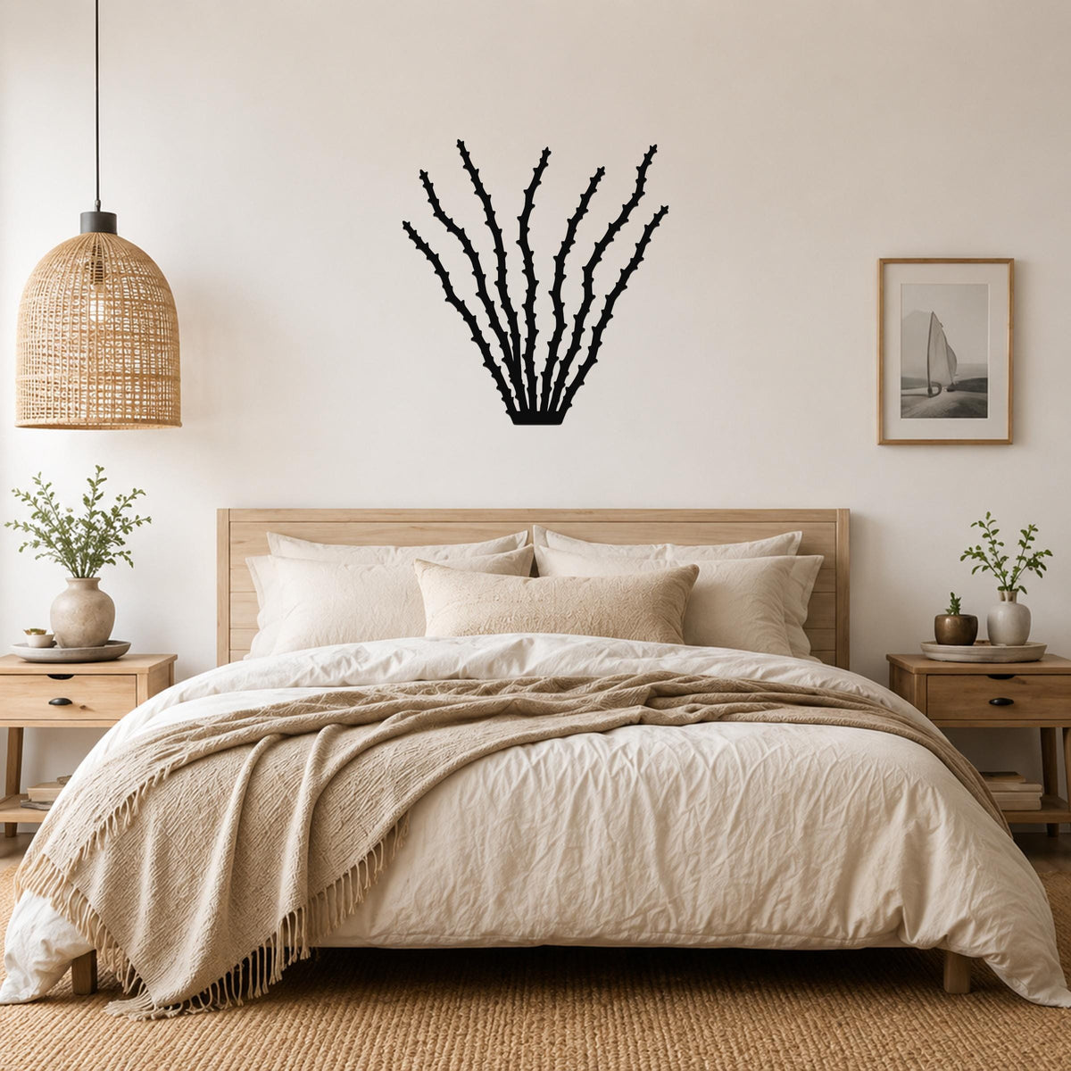 Black metal ocotillo wall art with spiky branch cutouts, mounted above a wooden bed in a neutral bedroom.