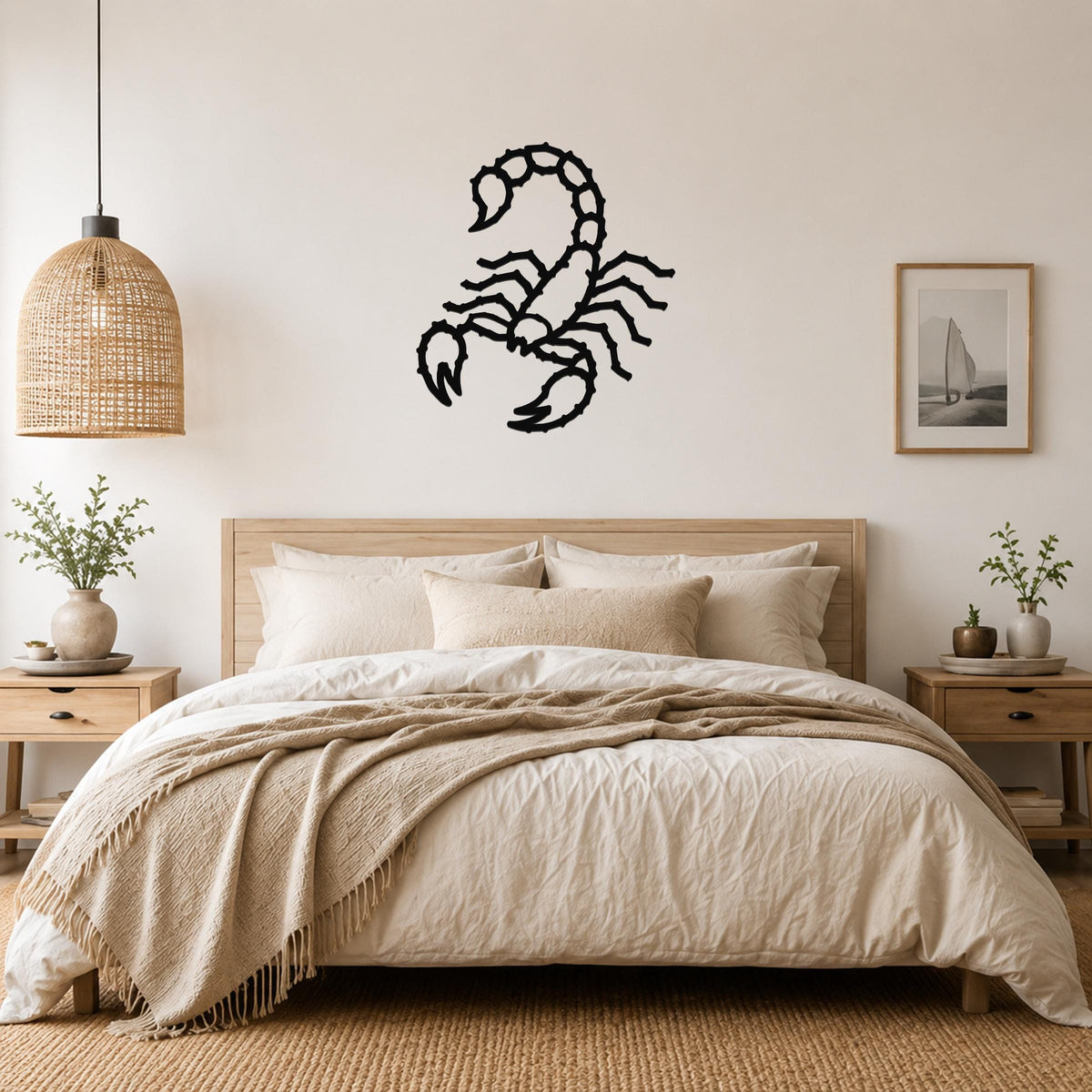 Black metal scorpion wall art with detailed cutout design, mounted on a wall above a bed in a neutral bedroom.