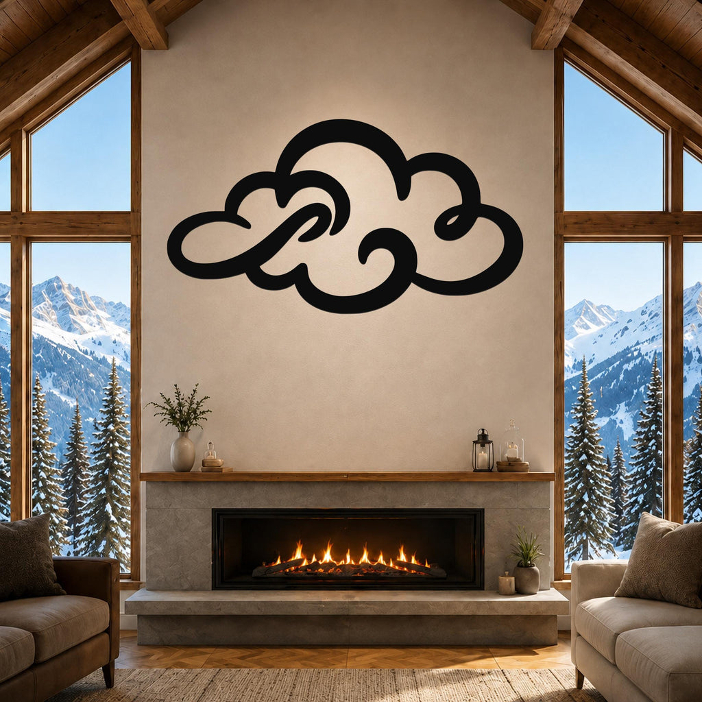 Black metal cloud wall art with flowing silhouette cutouts, mounted above a fireplace in a living room with large windows and mountain views.