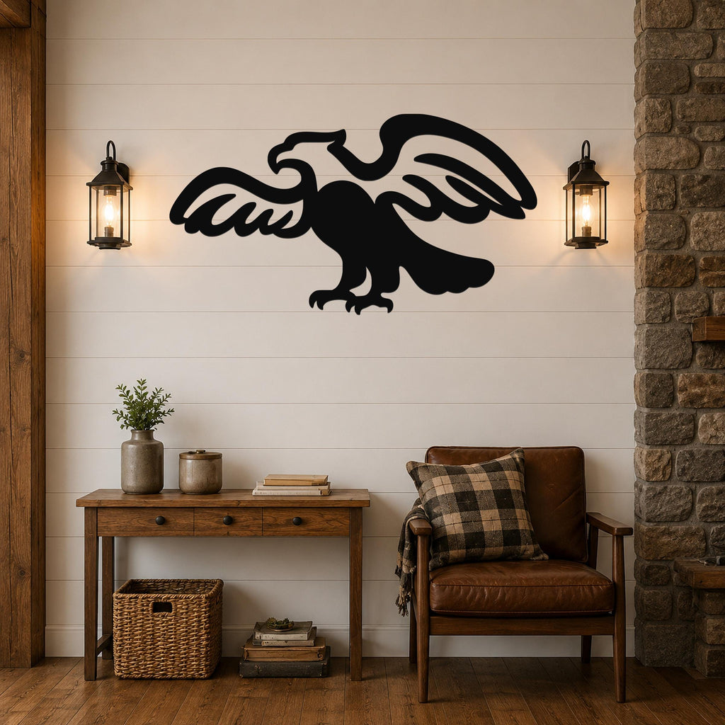 Black metal eagle wall art with outstretched wings and detailed feather cutouts, mounted on a shiplap wall above a wooden console table in a living room.