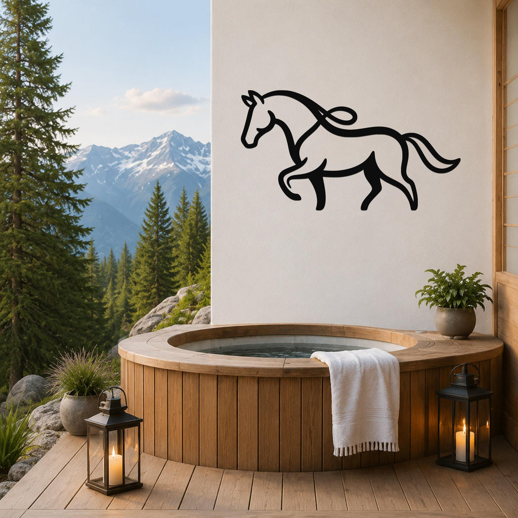Black metal horse wall art with flowing mane and tail silhouette, mounted on a white wall above a wooden hot tub on a mountain-view patio.