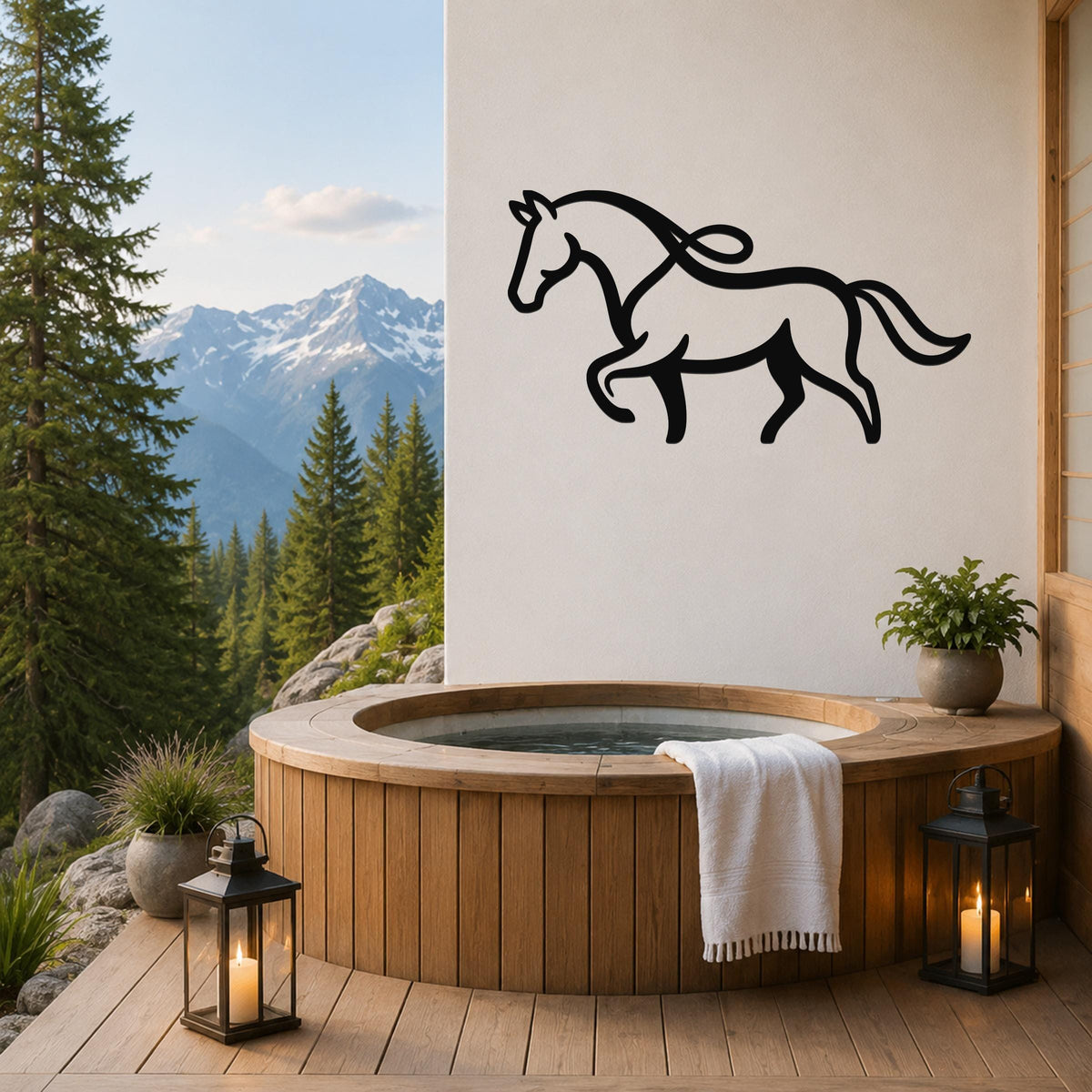 Black metal horse wall art with flowing mane and tail silhouette, mounted on a white wall above a wooden hot tub on a mountain-view patio.