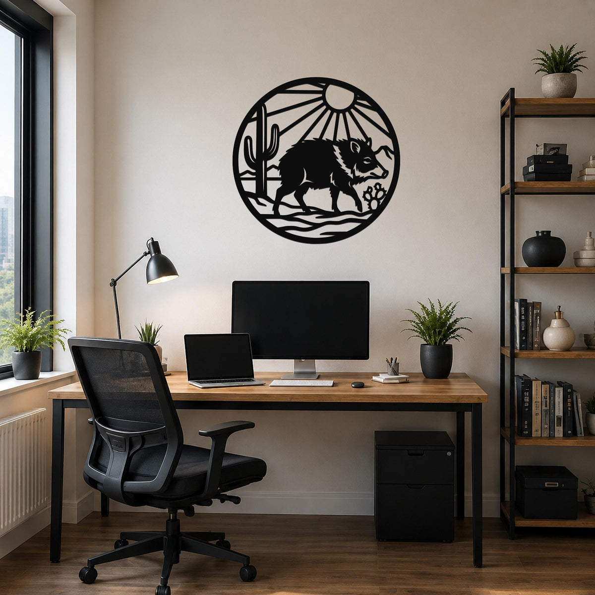 Black metal circular wall art featuring a javelina silhouette, cactus, and sun rays, mounted above a wooden desk in a home office.