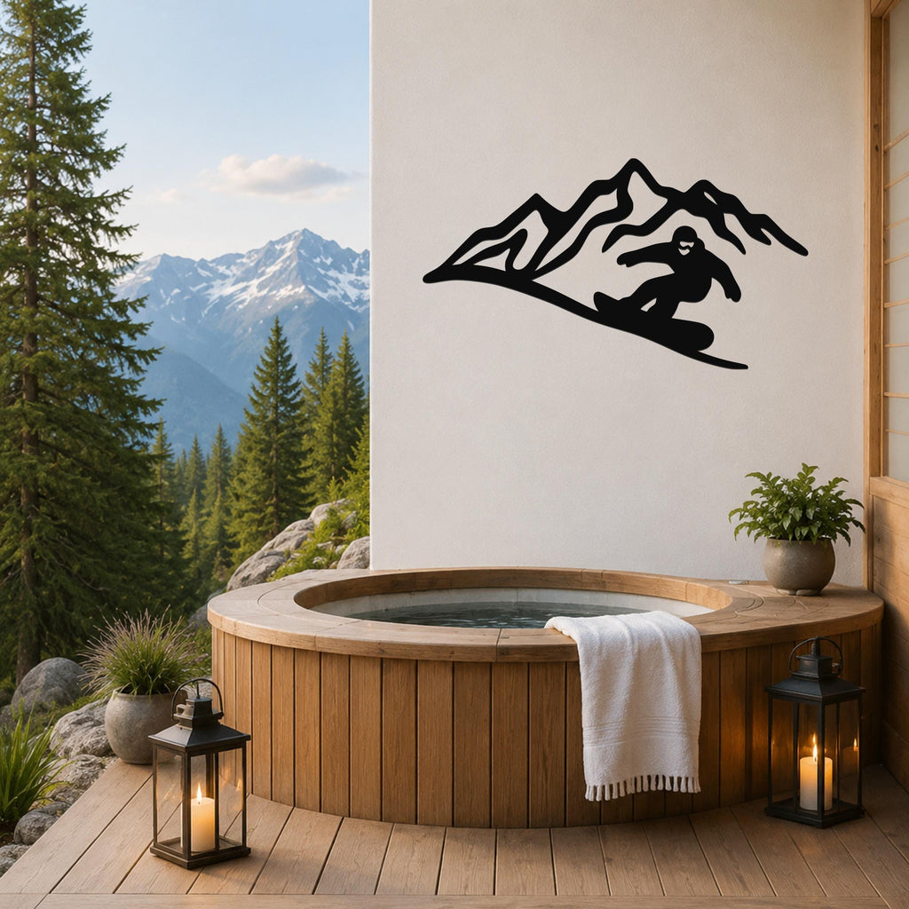 Black metal wall art featuring a snowboarder silhouette on a mountain slope, mounted on a white wall above a wooden hot tub on a deck with a mountain view.