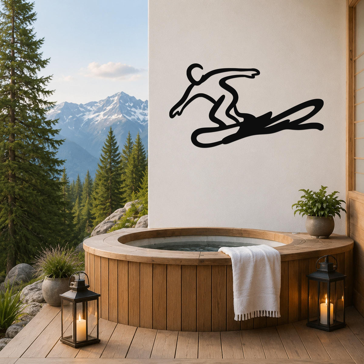 Black metal wall art silhouette of a snowboarder in motion, mounted on a white wall above a wooden hot tub on a mountain-view deck.
