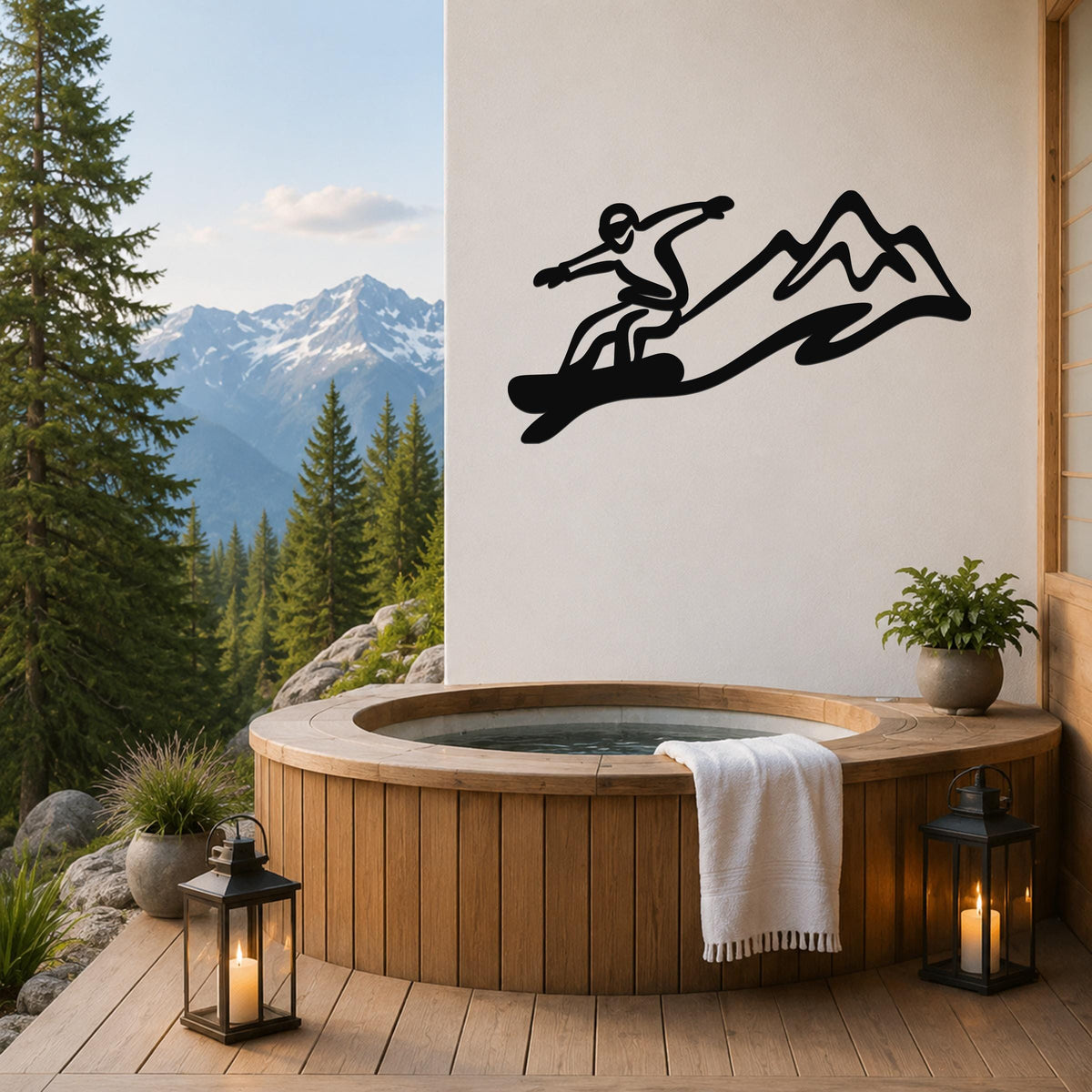 Black metal snowboarder wall art with mountain silhouette, mounted on a white wall above a wooden hot tub on a deck with a mountain view.