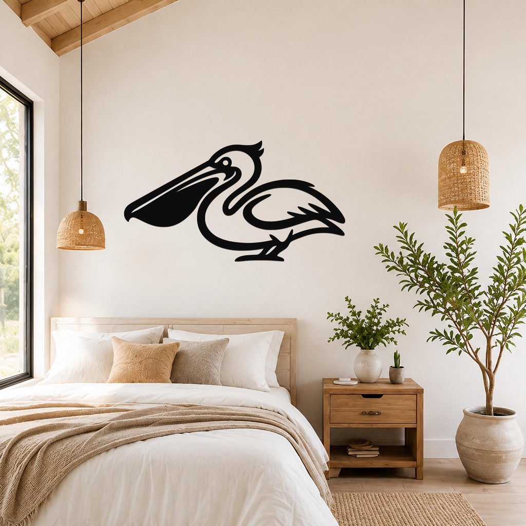 Black metal pelican wall art silhouette mounted above a bed in a bright bedroom with wooden ceiling and woven pendant lights.