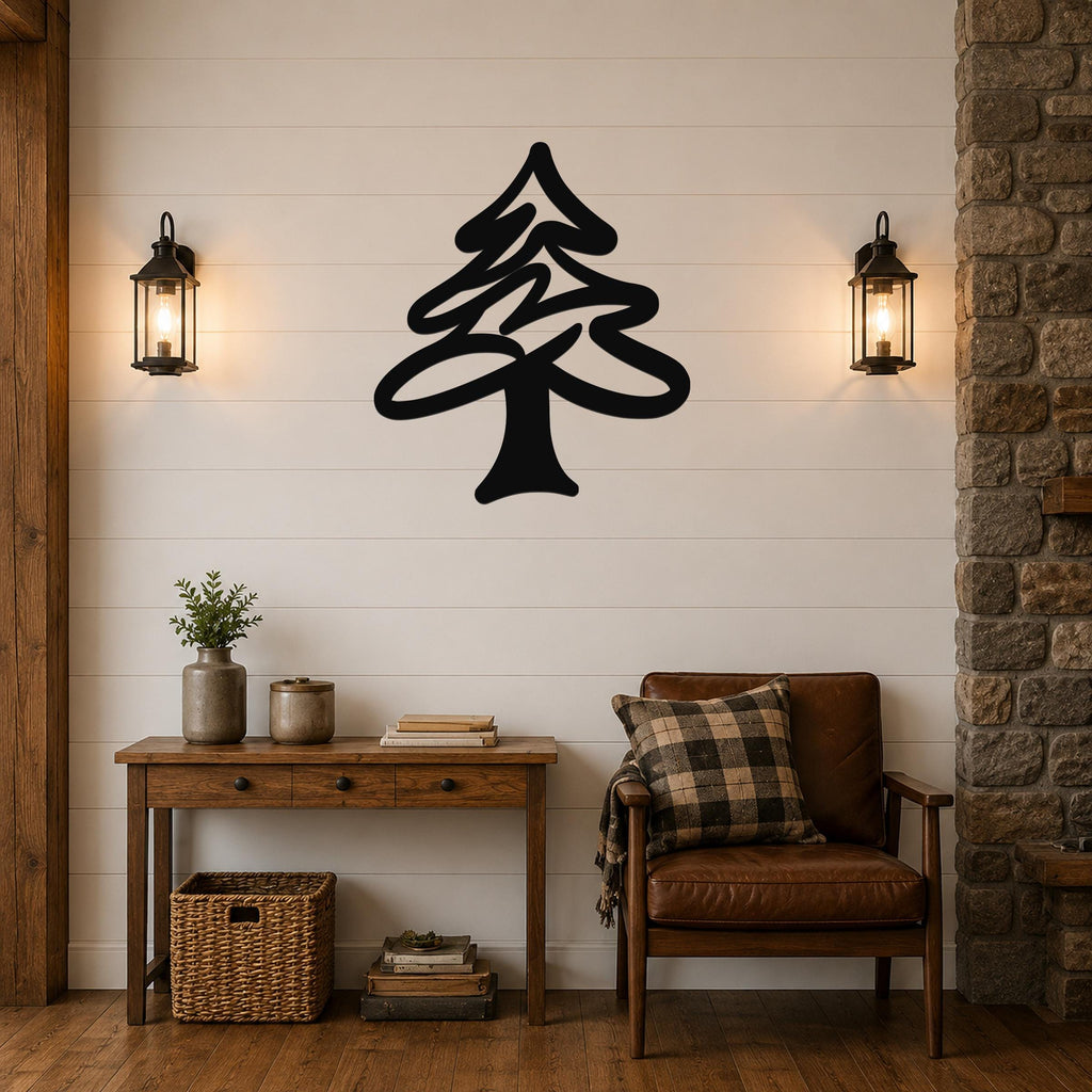 Black metal pine tree wall art silhouette mounted on a shiplap wall above a wooden console table in a rustic living room.