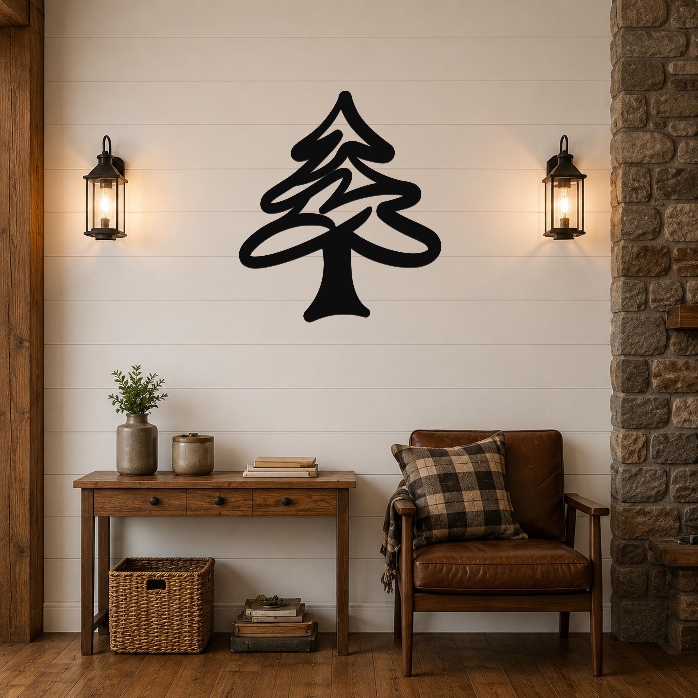 Black metal pine tree wall art silhouette mounted on a shiplap wall above a wooden console table in a rustic living room.
