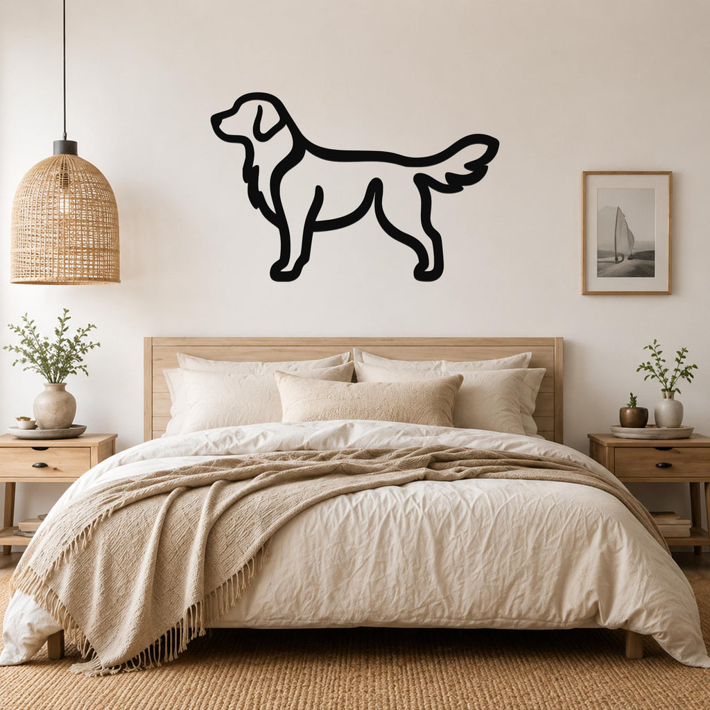 Black metal retriever silhouette wall art mounted above a bed in a neutral bedroom.