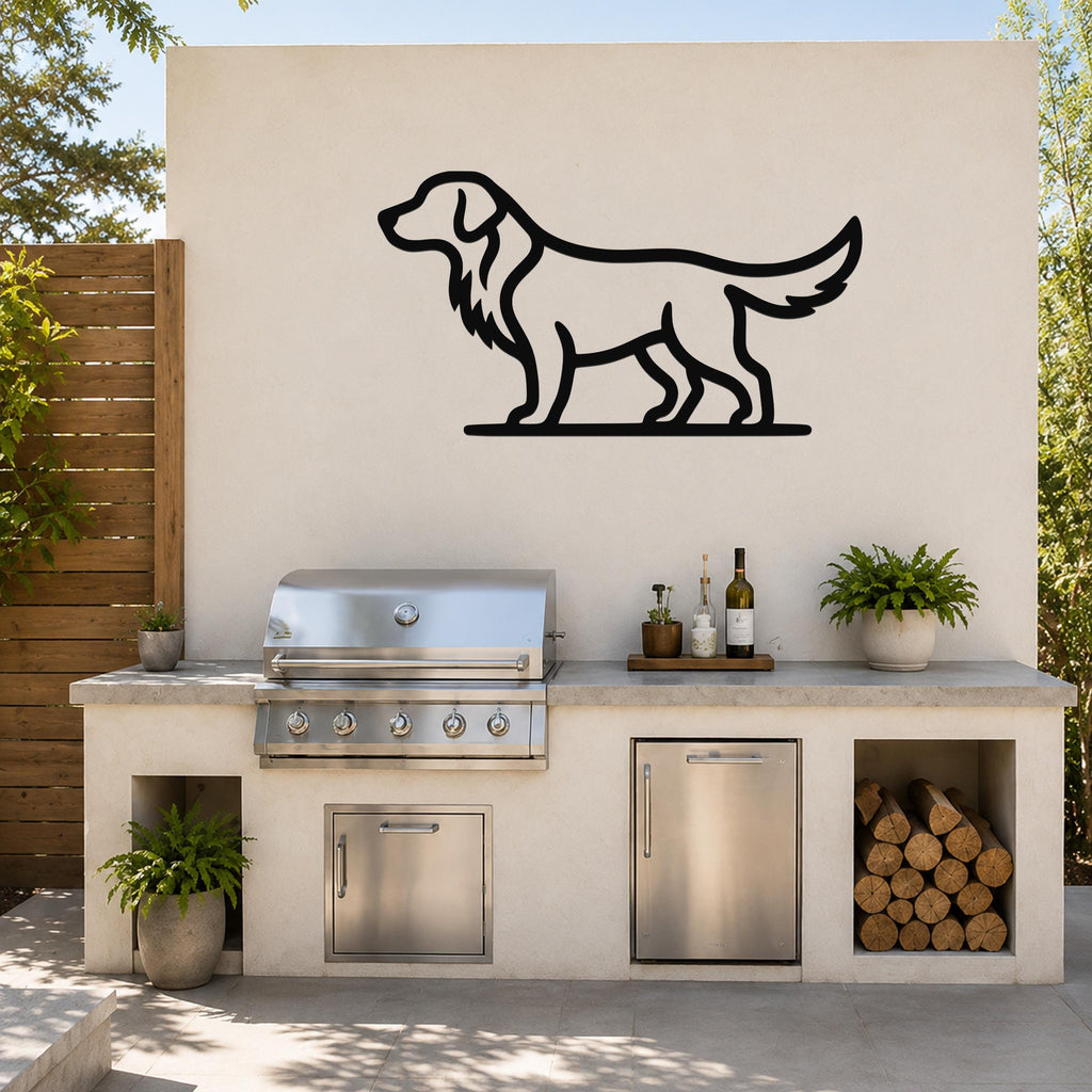 Black metal retriever silhouette wall art mounted on a beige outdoor wall above a kitchen counter with a grill and plants.