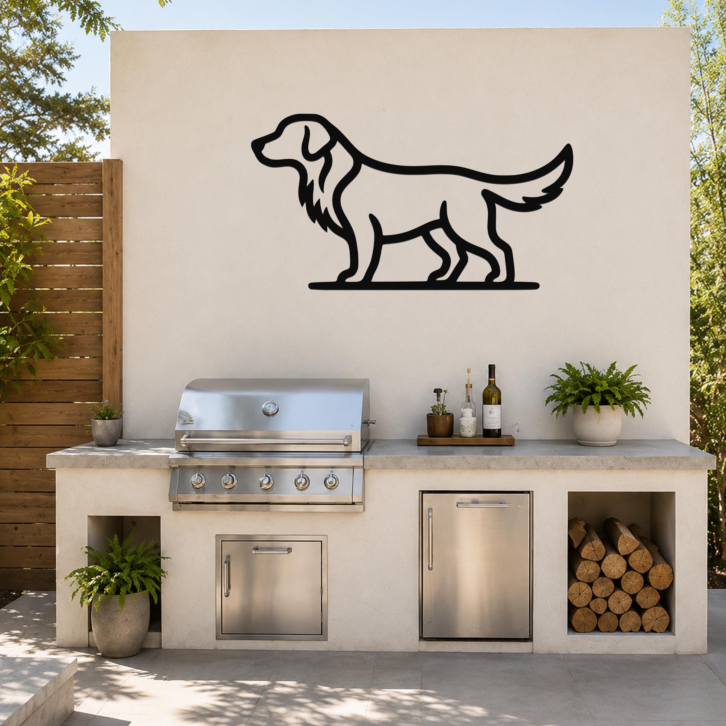 Black metal retriever silhouette wall art mounted on a beige outdoor wall above a kitchen counter with a grill and plants.