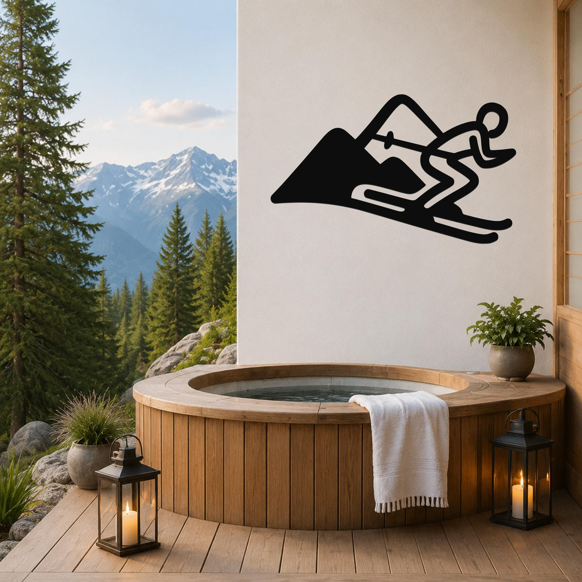 Black metal skier and mountain wall art silhouette mounted on a white wall above a wooden hot tub on a deck with a mountain view.