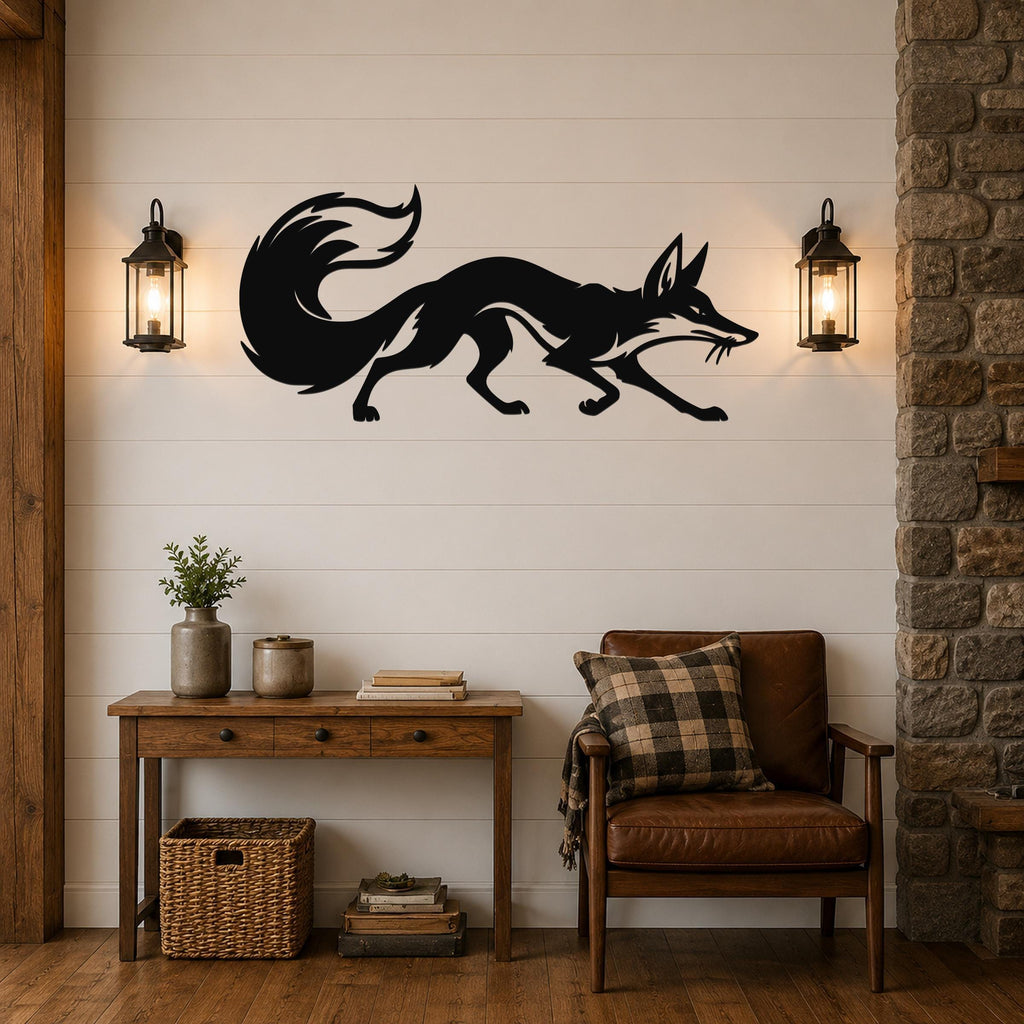 Black metal fox wall art silhouette with motion lines, mounted on a shiplap wall above a wooden console table in a living room.