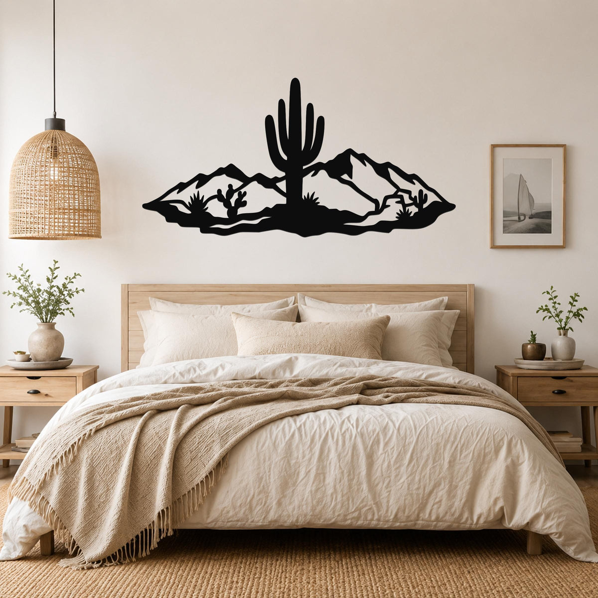 Black metal wall art silhouette of a saguaro cactus and desert mountains, mounted above a bed in a neutral bedroom.