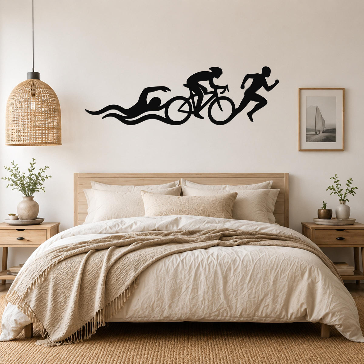 Black metal triathlon wall art with swim, bike, and run silhouettes and motion lines, mounted above a bed in a bedroom.