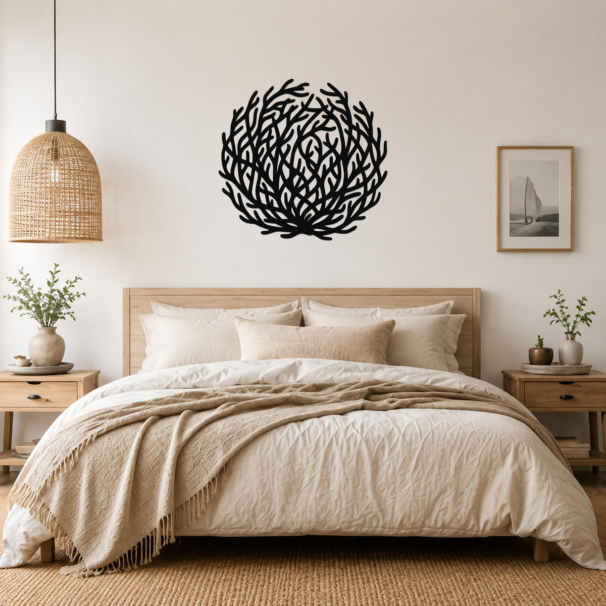 Black metal coral wall art with intricate branch cutouts, mounted above a bed in a neutral bedroom.