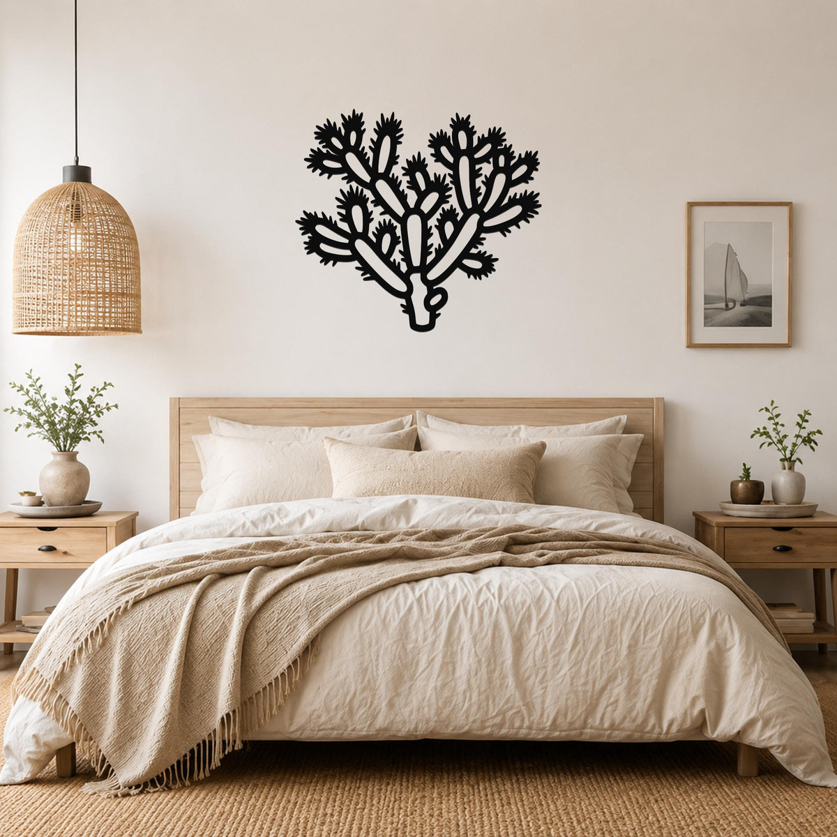 Black metal wall art in the silhouette of a cholla cactus with branching arms and spines, mounted above a wooden bed in a neutral bedroom.