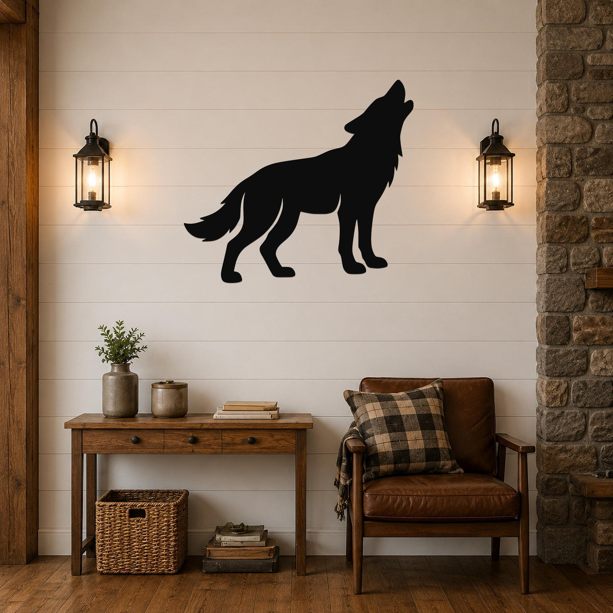 Black metal coyote wall art in a howling silhouette, mounted on a shiplap wall above a wooden console table in a living room.