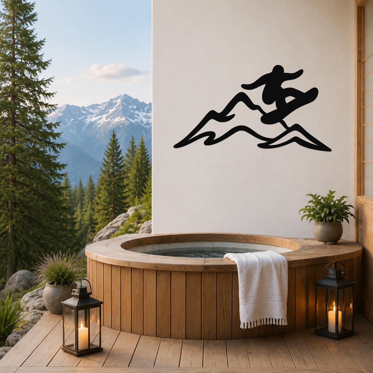 Black metal wall art silhouette of a snowboarder in motion over mountain peaks, mounted on a white wall above a wooden hot tub on a deck with a mountain view.