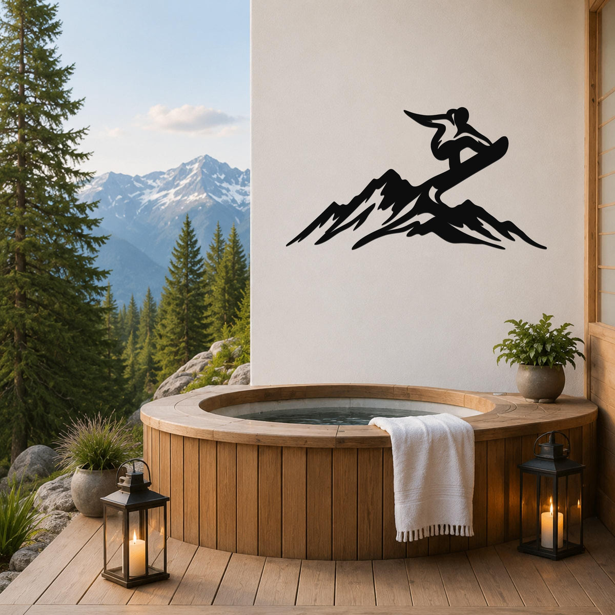 Black metal wall art silhouette of a snowboarder on a mountain, mounted on a white wall above a wooden hot tub on a deck with a mountain view.