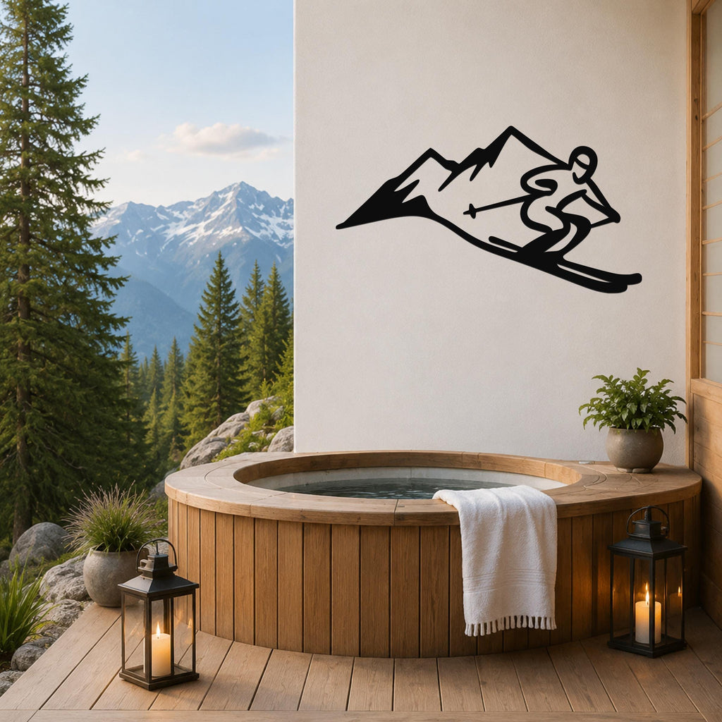 Black metal wall art silhouette of a skier descending a mountain, mounted on a white wall above a wooden hot tub on a deck with a mountain view.