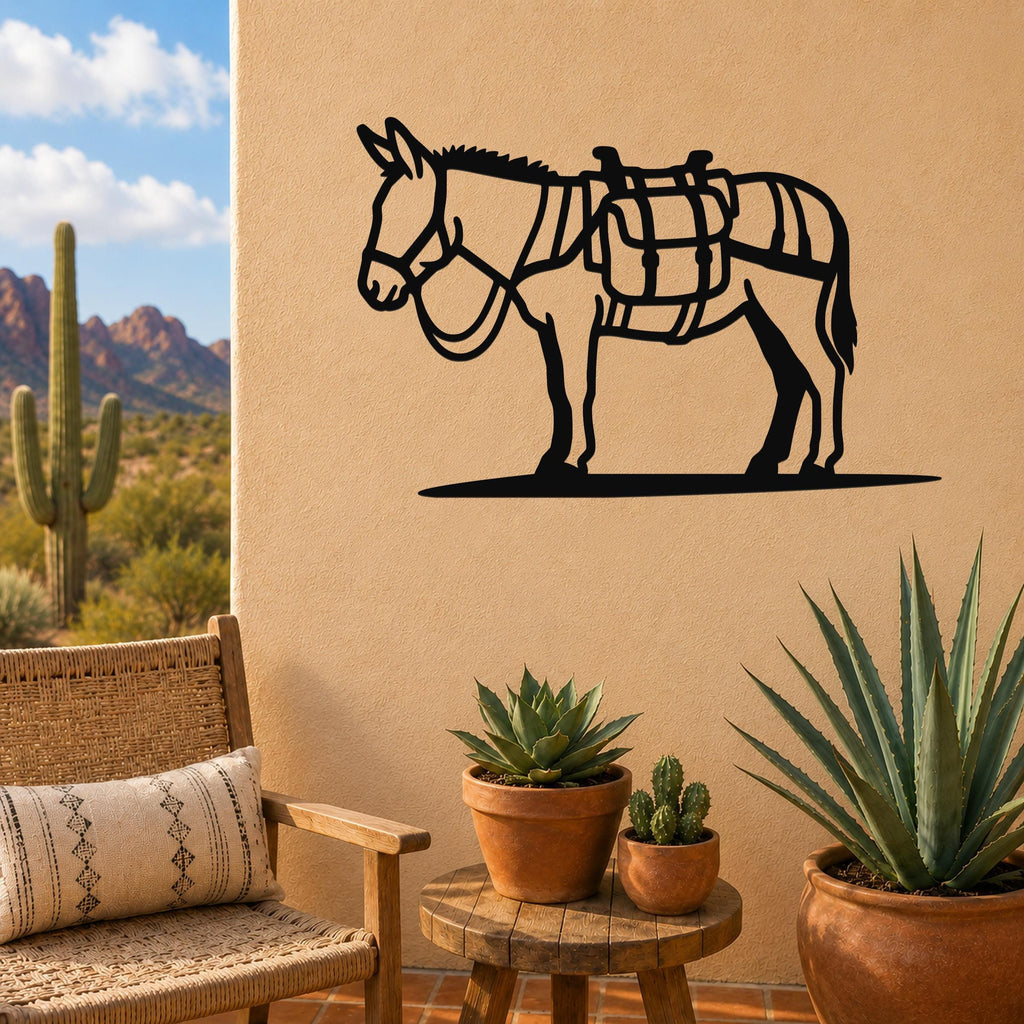 Black metal burro wall art with saddle cutouts, mounted on a tan outdoor wall above a small wooden table with potted succulents.