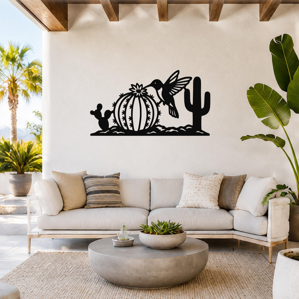Southwestern Decor Metal Wall Art - Desert Wildlife Sculpture Hummingbird And Barrel Cactus, Weatherproof, Indoor Outdoor Accent