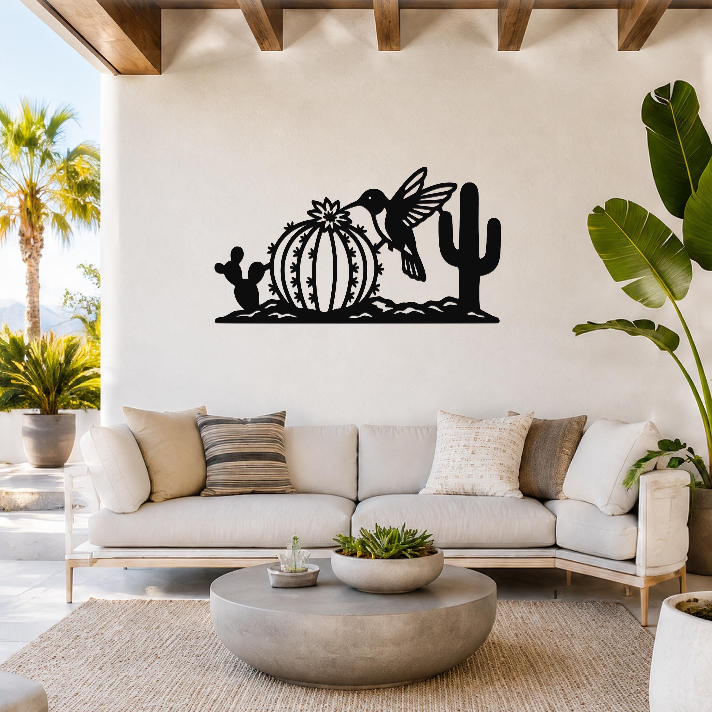 Southwestern Decor Metal Wall Art - Desert Wildlife Sculpture Hummingbird And Barrel Cactus, Weatherproof, Indoor Outdoor Accent