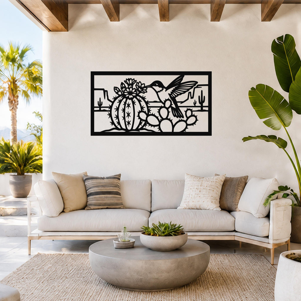 Desert Wildlife Art Metal Bird Sculpture: Southwest Botanical Scene, Weatherproof Metal (Indoor Outdoor Use, Nature Inspired Wall Decor)