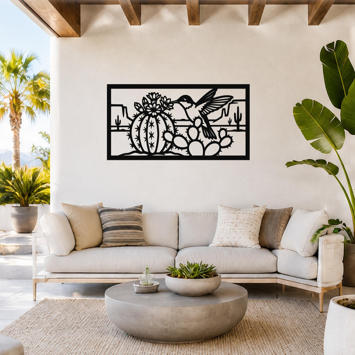 Desert Wildlife Art Metal Bird Sculpture: Southwest Botanical Scene, Weatherproof Metal (Indoor Outdoor Use, Nature Inspired Wall Decor)