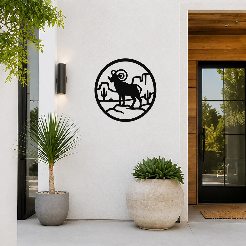 Bighorn Sheep Metal Wall Art - Western Wildlife Decor, Curled Horns Design - Weatherproof Steel, Indoor Outdoor Accent