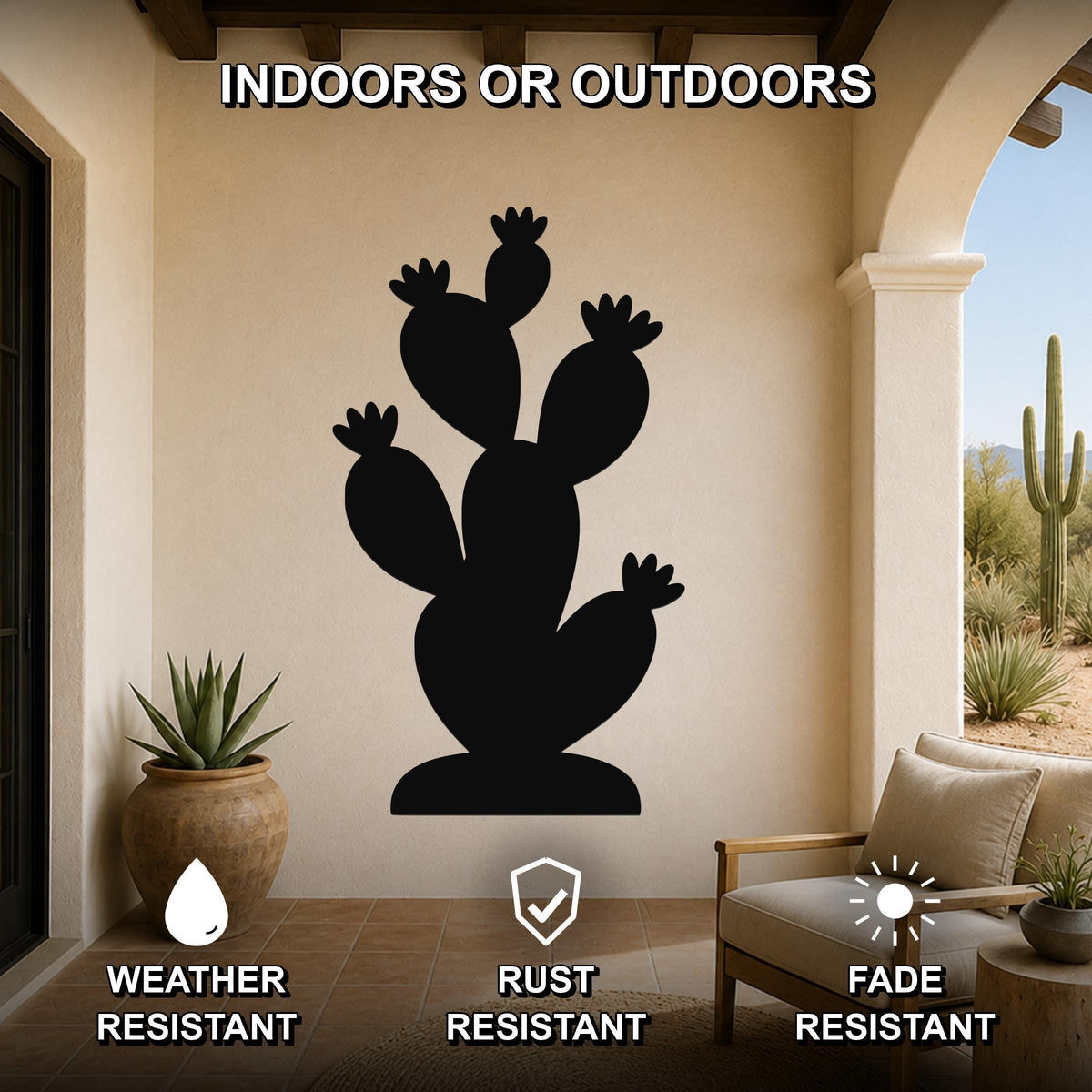 Black metal prickly pear cactus wall art with multiple arms and cutout details, mounted on a beige wall in a covered patio with outdoor furniture and potted plants.