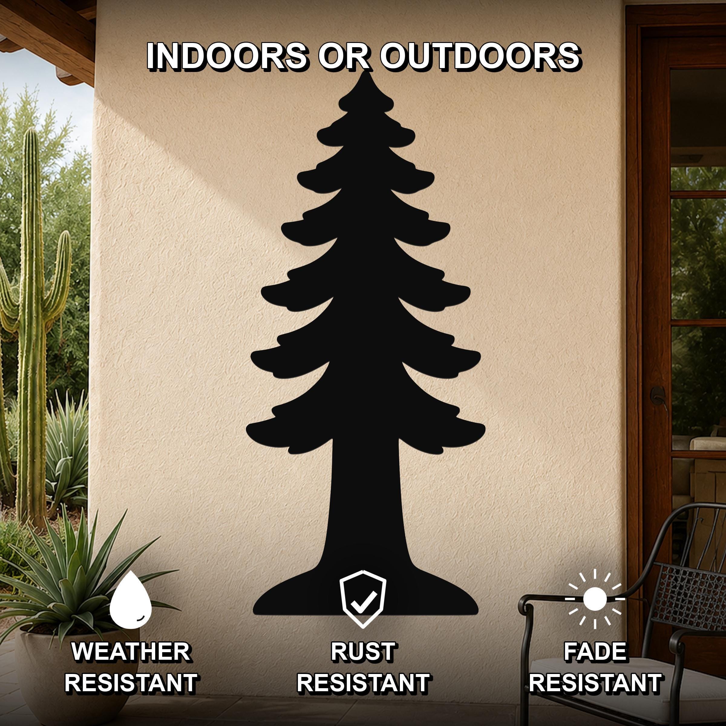 Black metal redwood tree wall art silhouette mounted on an outdoor patio wall, weather resistant, rust resistant, and fade resistant.