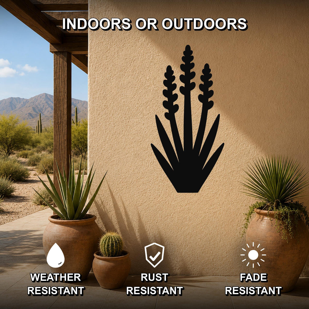 Black metal yucca wall art silhouette mounted on an outdoor patio wall, with potted plants nearby and text indicating it is weather, rust, and fade resistant.