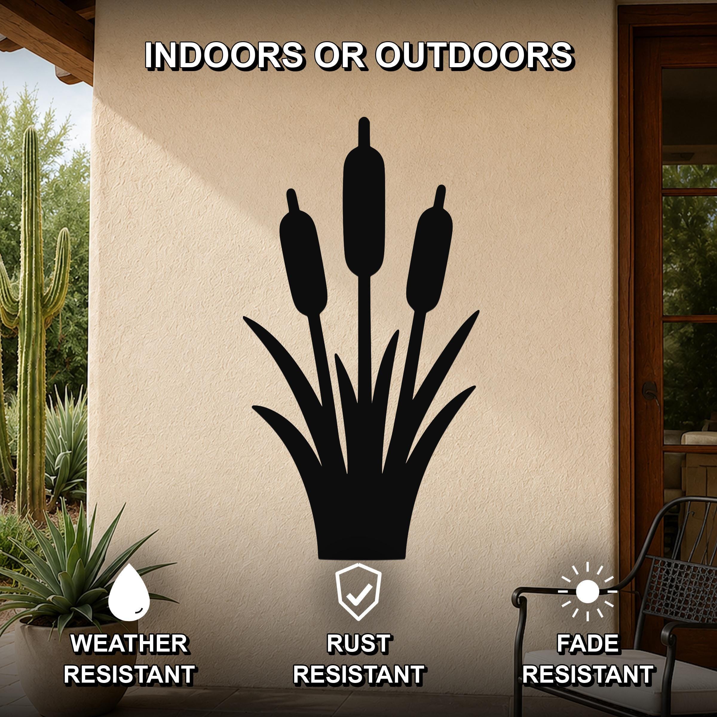 Black metal cattail wall art silhouette mounted on an outdoor patio wall, weather resistant, rust resistant, and fade resistant.