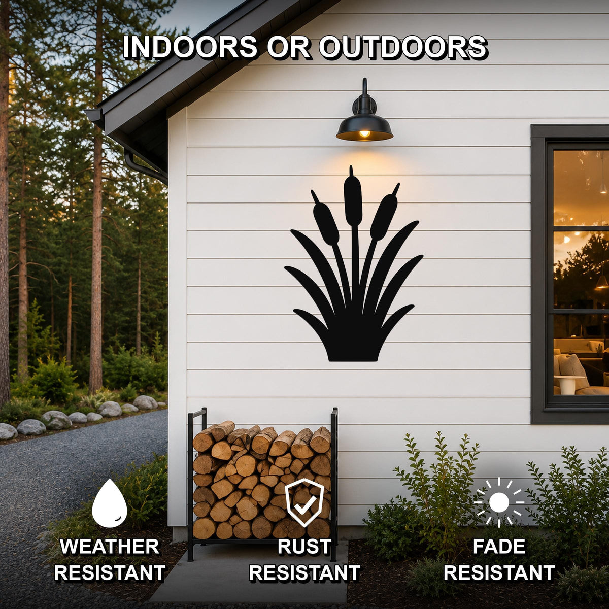 Black metal cattail wall art silhouette mounted on a white exterior wall above a firewood rack, with text indicating it is weather, rust, and fade resistant for indoor or outdoor use.