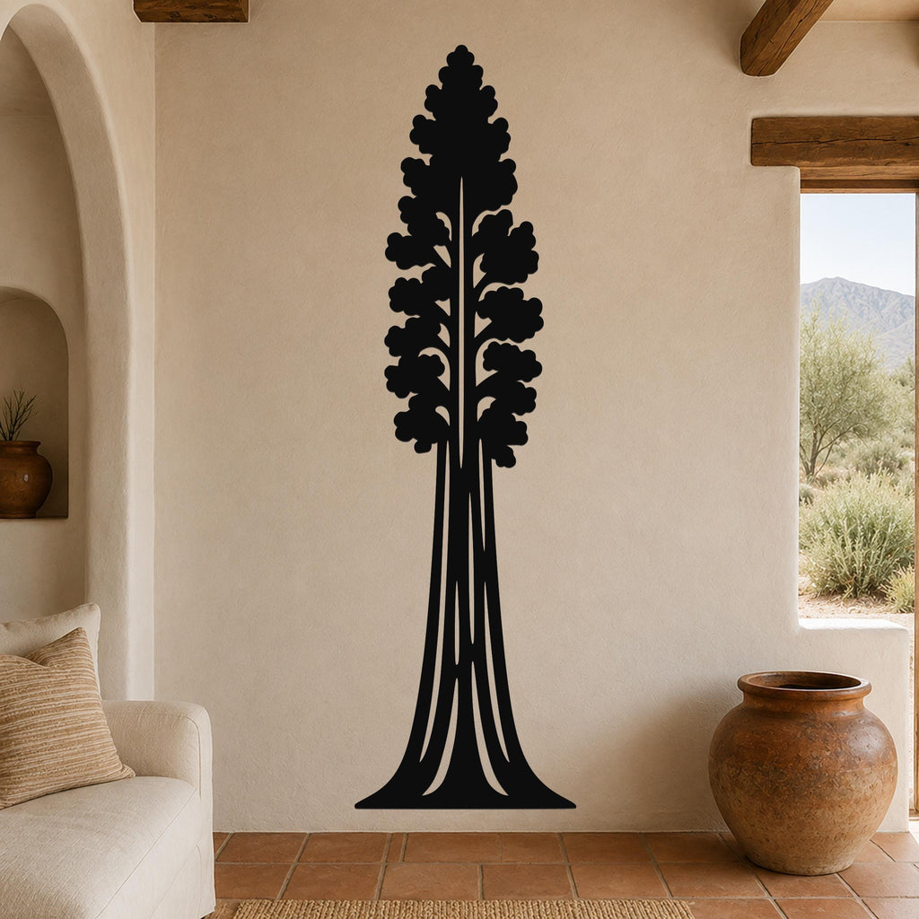 Black metal sequoia tree wall art with detailed branch cutouts, mounted on a beige living room wall above a sofa.