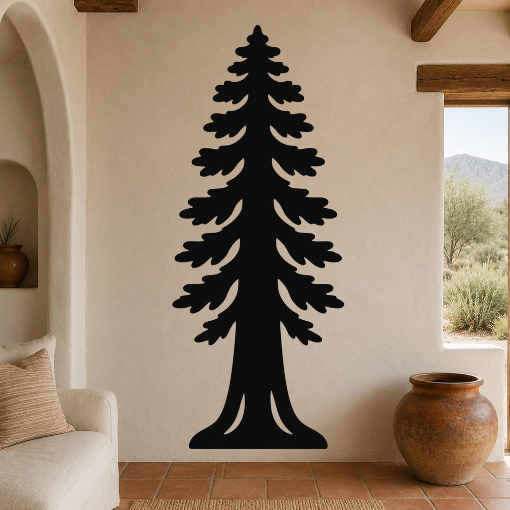 Black metal wall art of a sequoia tree silhouette with layered branches, mounted on a beige wall in a living room with terracotta flooring and wooden beams.