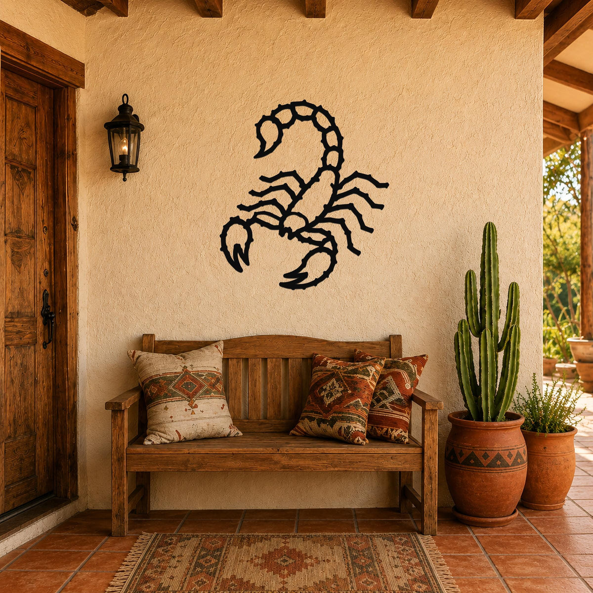 Black metal scorpion wall art with detailed cutout design, mounted on a stucco wall above a wooden bench in a Southwest-style patio.