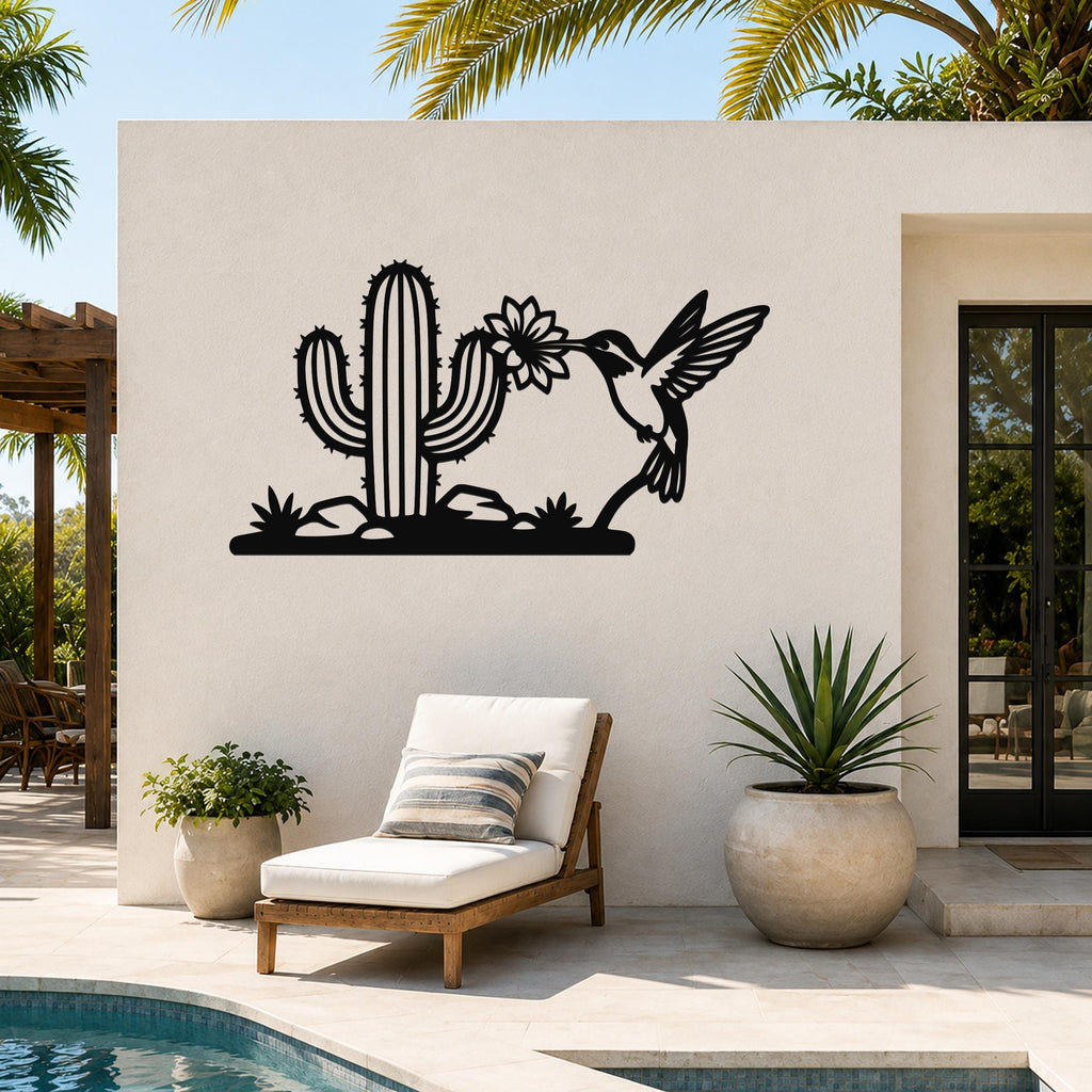 Metal Wall Art Desert Wildlife Sculpture - Sonoran Hummingbird with Saguaro Cactus, Weatherproof Steel, Indoor Outdoor Southwestern Decor
