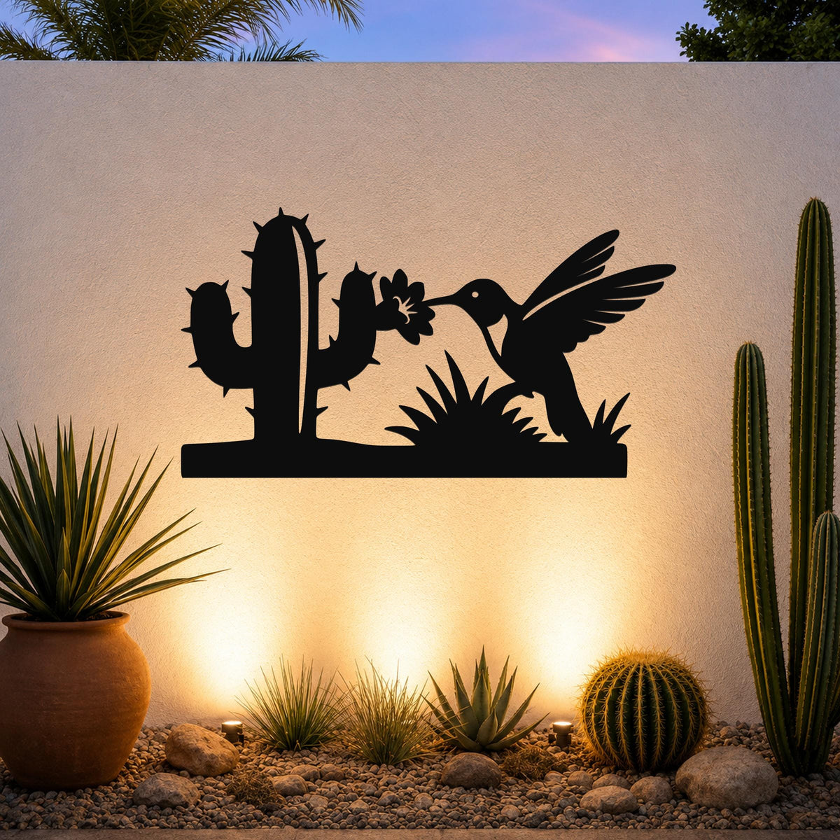 Southwestern Decor Metal Wall Art - Desert Wildlife Silhouette - Hummingbird and Saguaro Design, Steel, Indoor Outdoor Accent