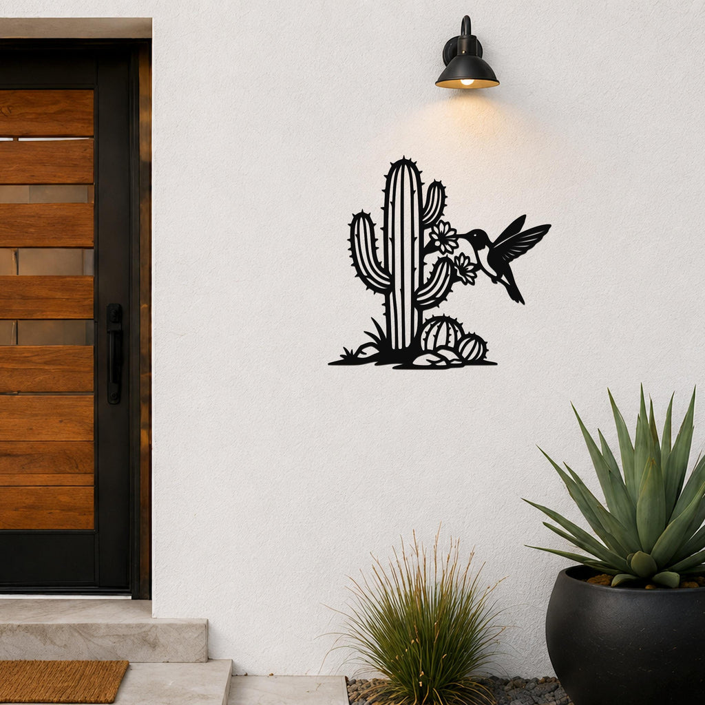 Southwestern Decor Metal Wall Art - Sonoran Desert Scene with Layered Cactus and Hummingbird - Weatherproof Steel, Indoor Outdoor Display