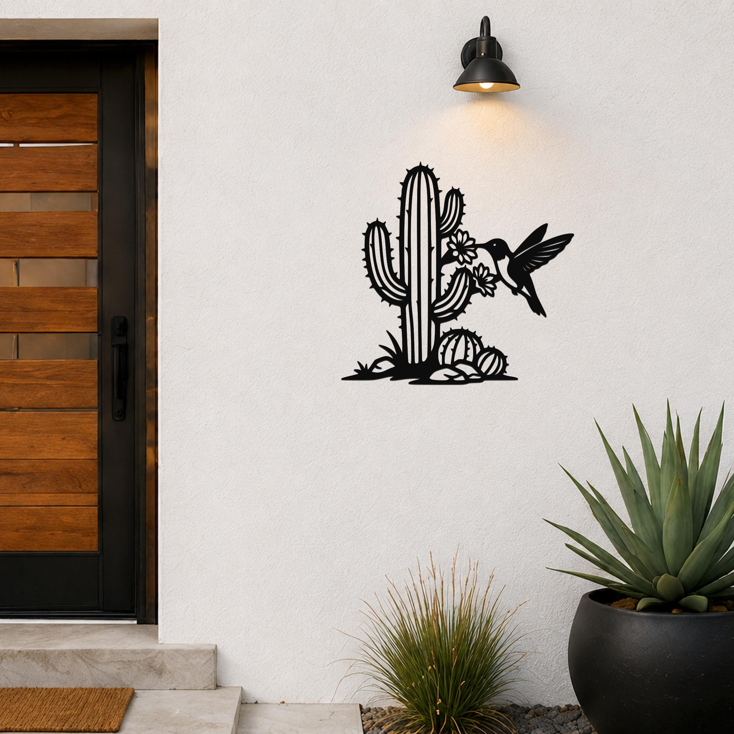 Southwestern Decor Metal Wall Art - Sonoran Desert Scene with Layered Cactus and Hummingbird - Weatherproof Steel, Indoor Outdoor Display