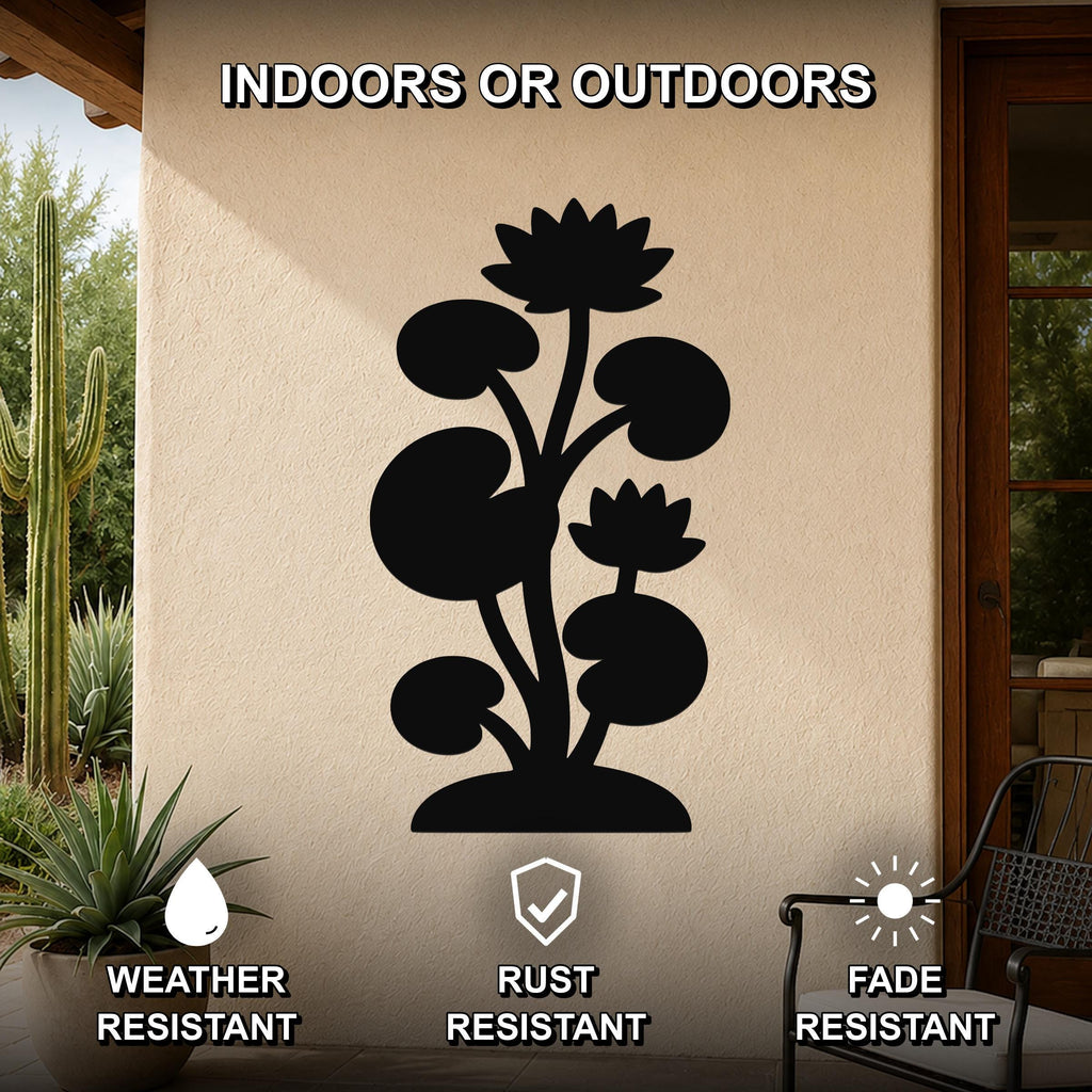 Black metal lotus water lily wall art with flower and leaf cutouts, mounted on an outdoor patio wall.