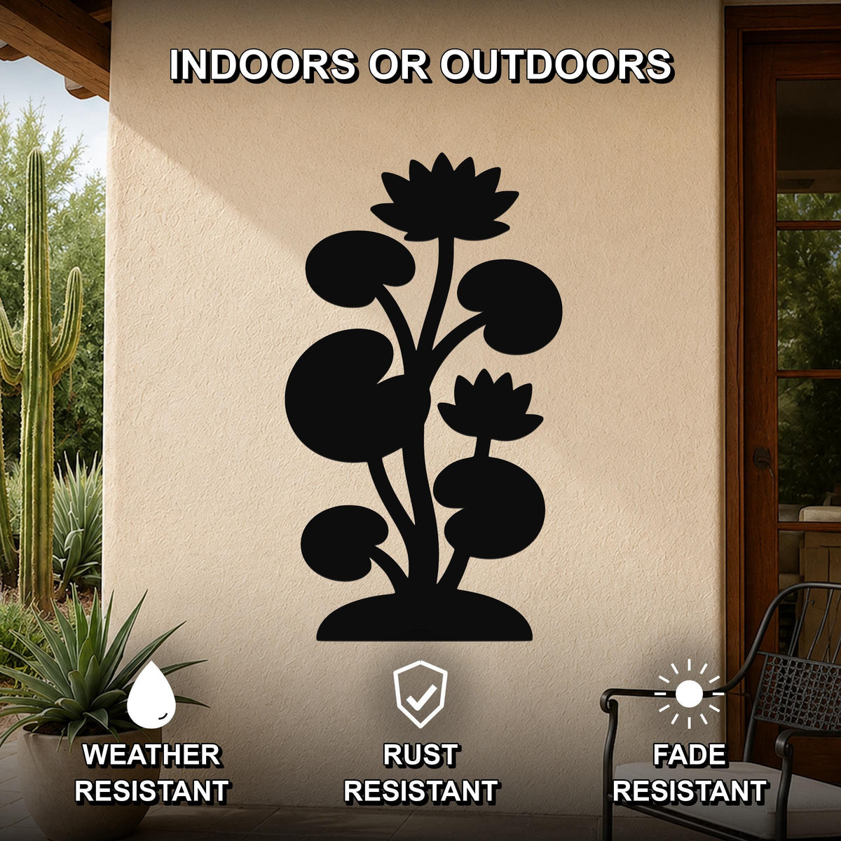 Black metal lotus water lily wall art with flower and leaf cutouts, mounted on an outdoor patio wall.