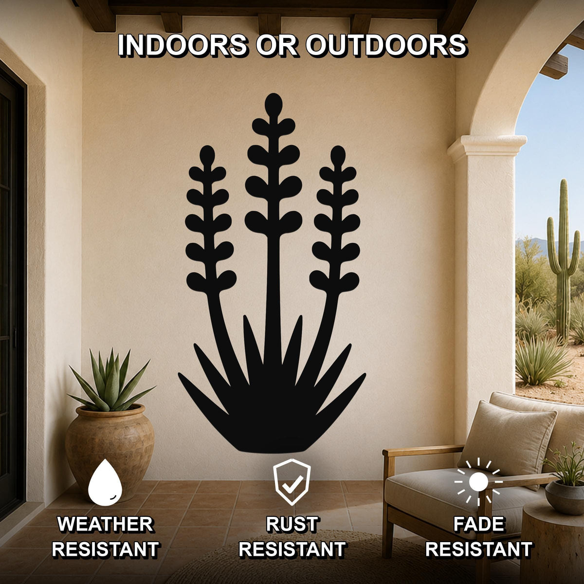 Black metal yucca wall art with layered leaf cutouts, mounted on a beige patio wall above a wooden chair, weather resistant, rust resistant, and fade resistant.