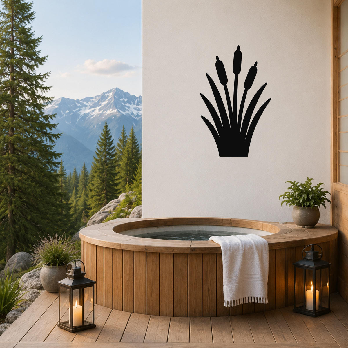 Black metal cattail wall art silhouette mounted on a white wall above a wooden hot tub on a mountain-view deck.