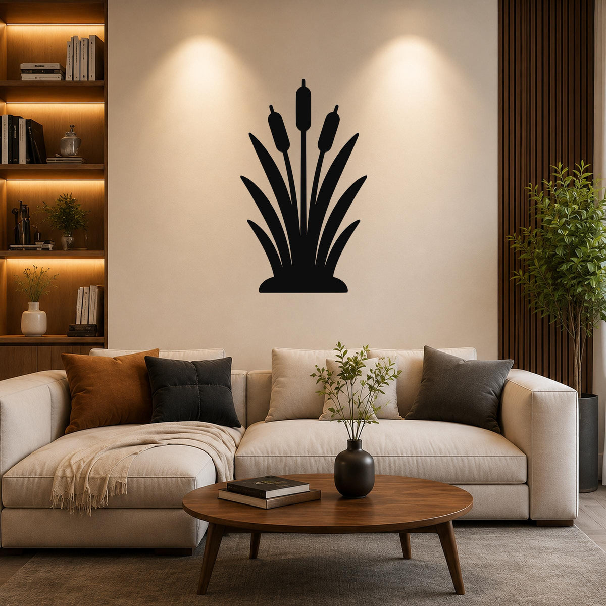 Black metal cattail wall art silhouette with three seed heads and long leaves, mounted on a living room wall above a beige sofa.