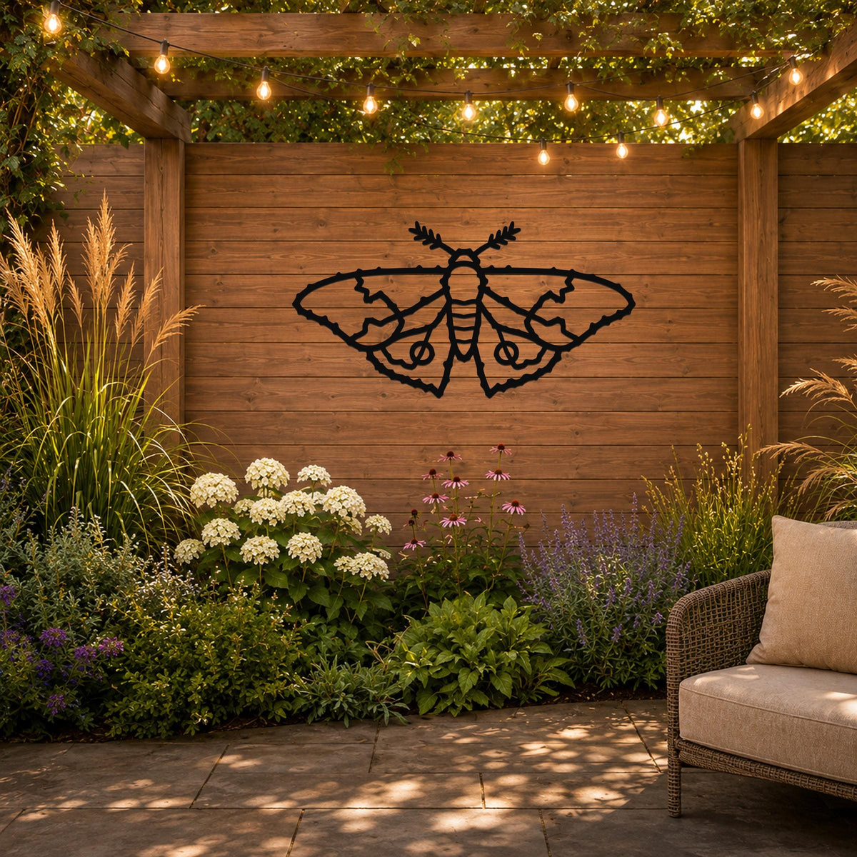 Black metal moth wall art with detailed wing cutouts, mounted on a wooden patio wall above a garden bed.